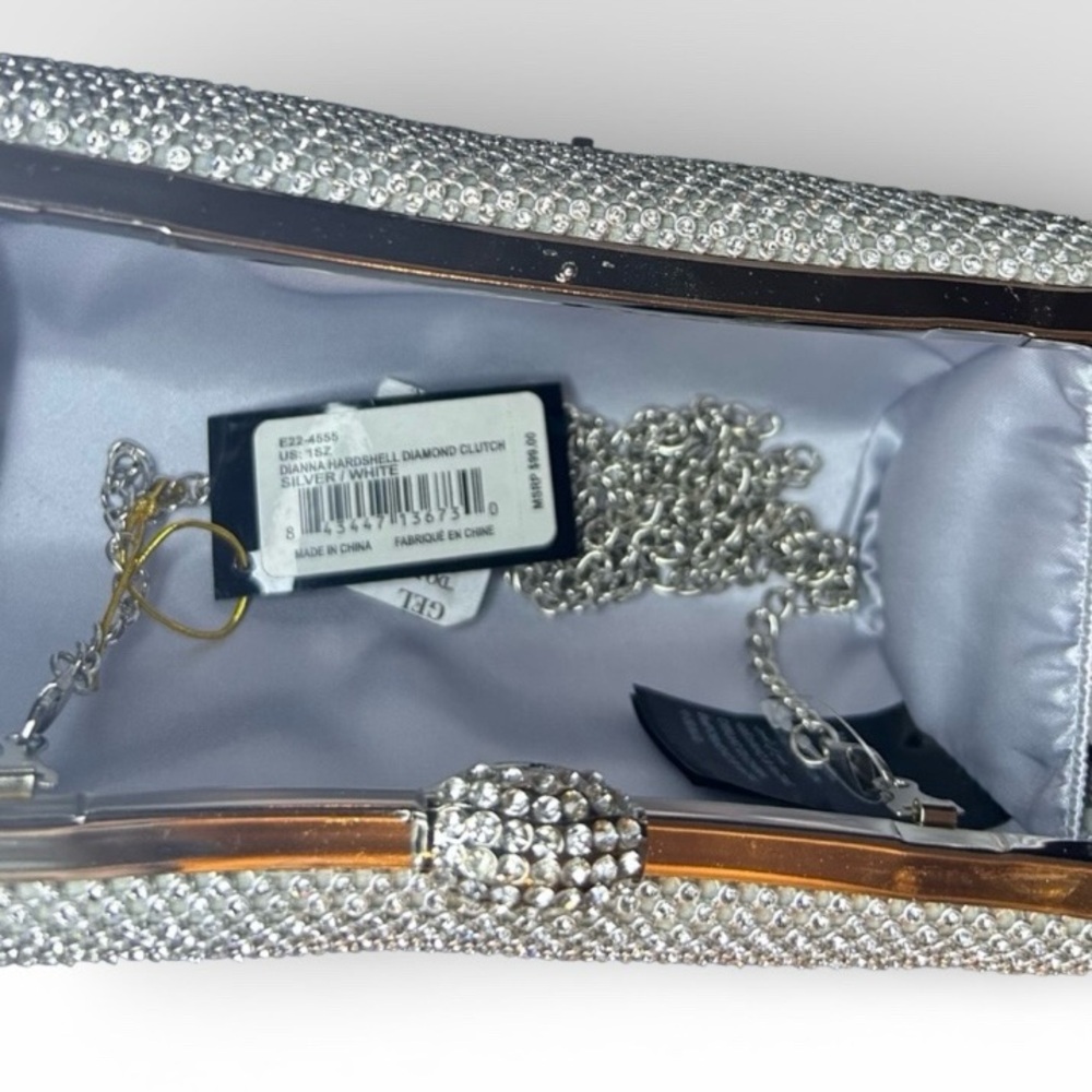 NWT - Bebe Dianna Hard Shell Diamond Clutch Silver/White Evening Bag with Chain - Picture 2 of 10